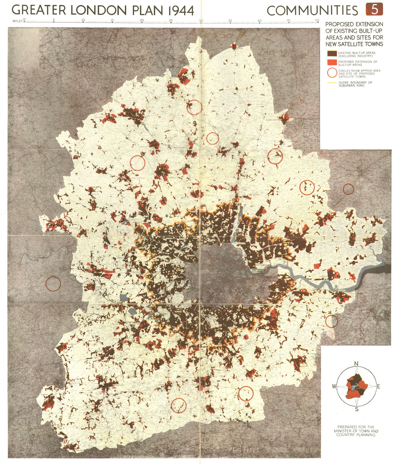 LONDON. Proposed postwar development/new satellite towns. ABERCROMBIE 1944 map